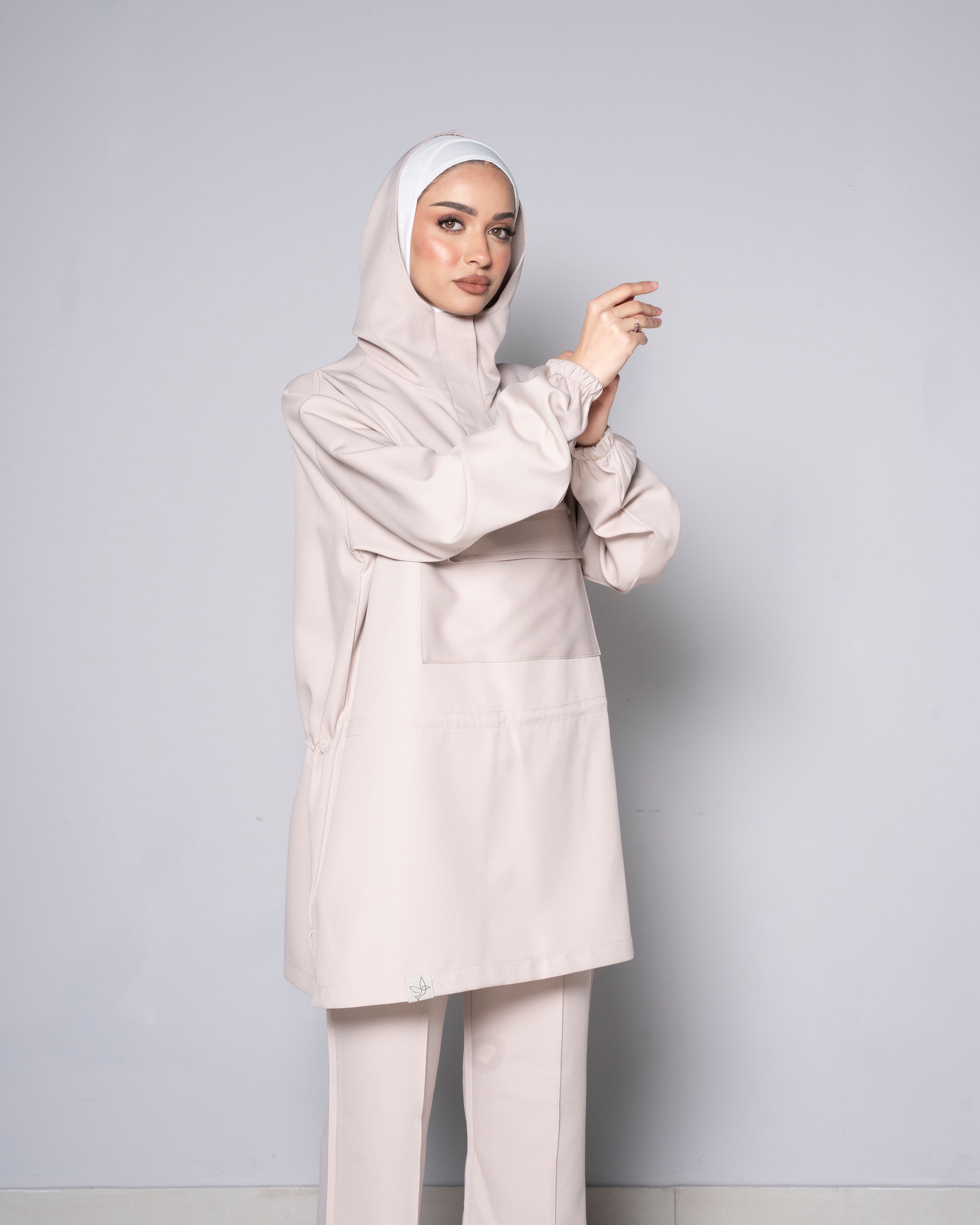 Beige Half-Zip Short Hoodie with Beige Pants