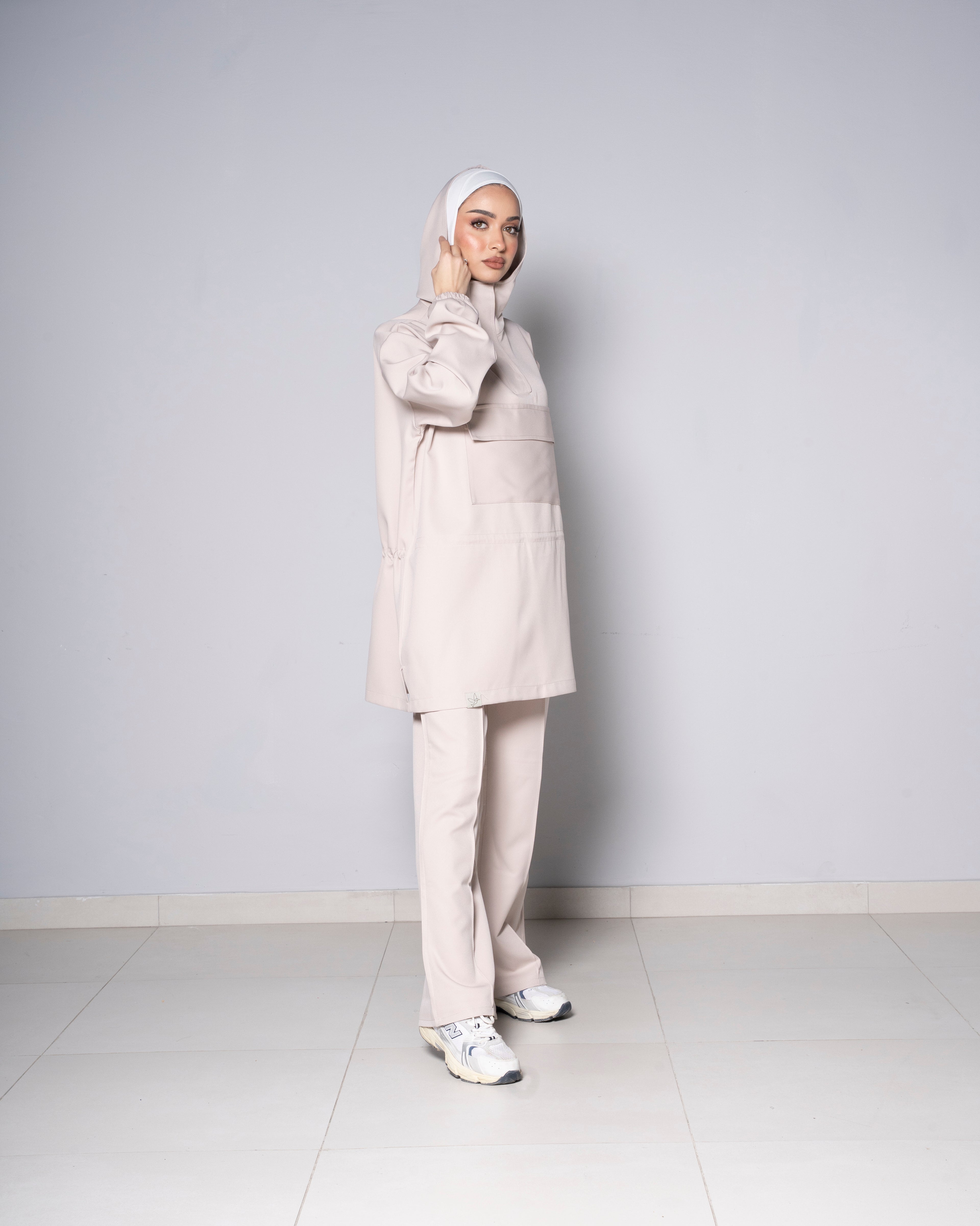 Beige Half-Zip Short Hoodie with Beige Pants