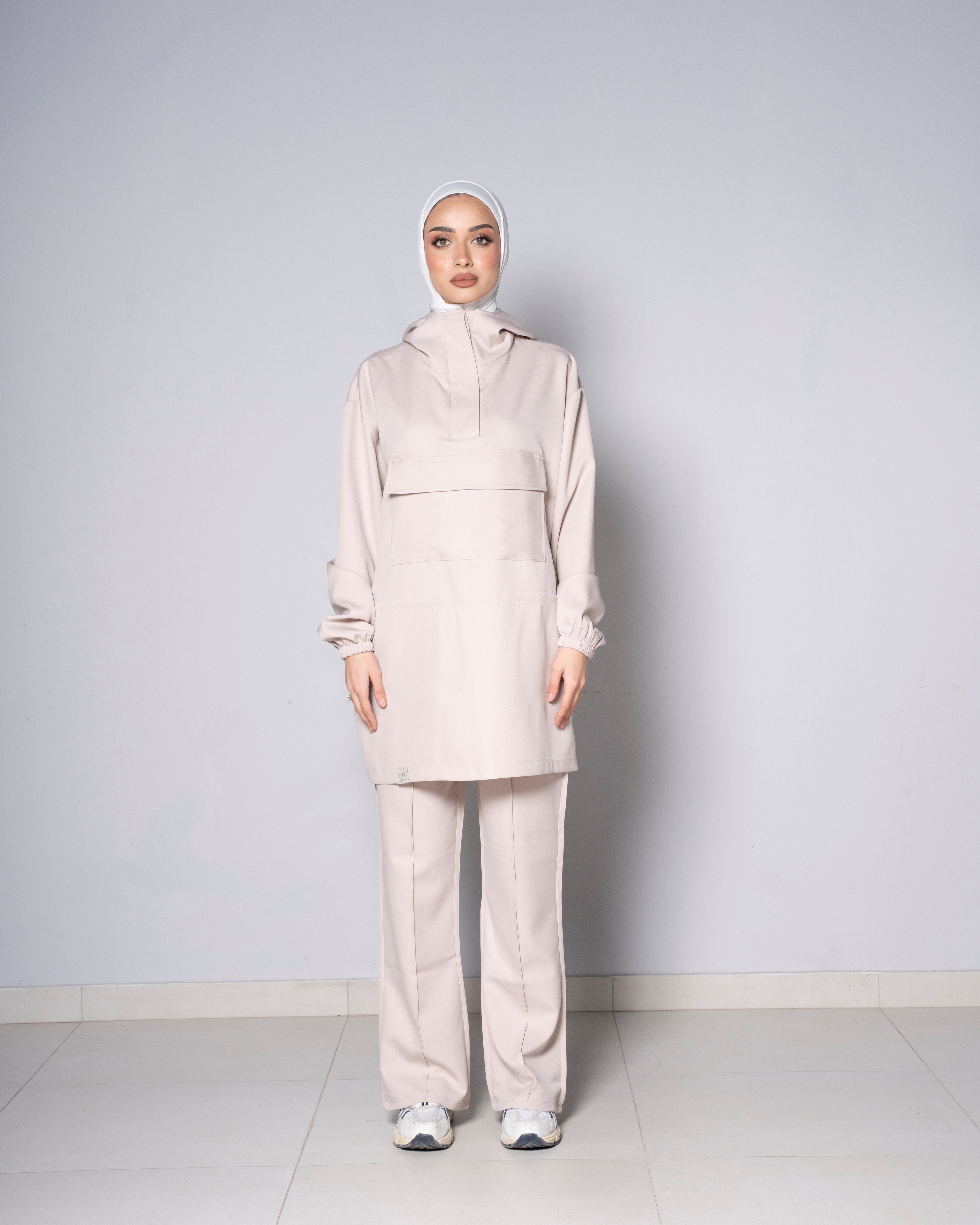 Beige Half-Zip Short Hoodie with Beige Pants