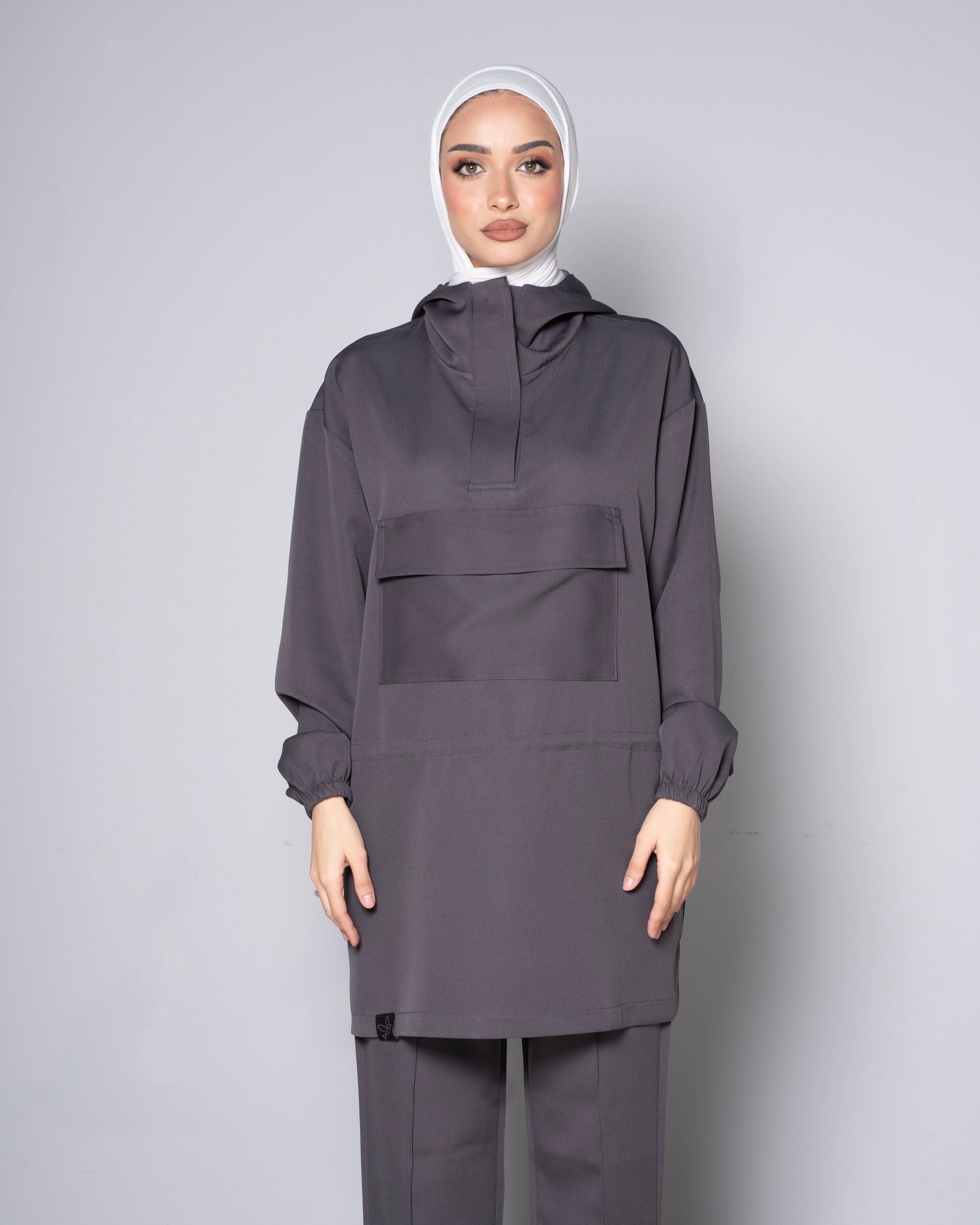 Gray Half-Zip Short Hoodie with Cinched Waist