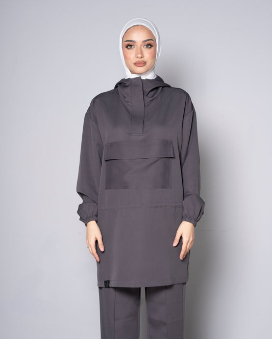 Gray Half-Zip Short Hoodie with Cinched Waist