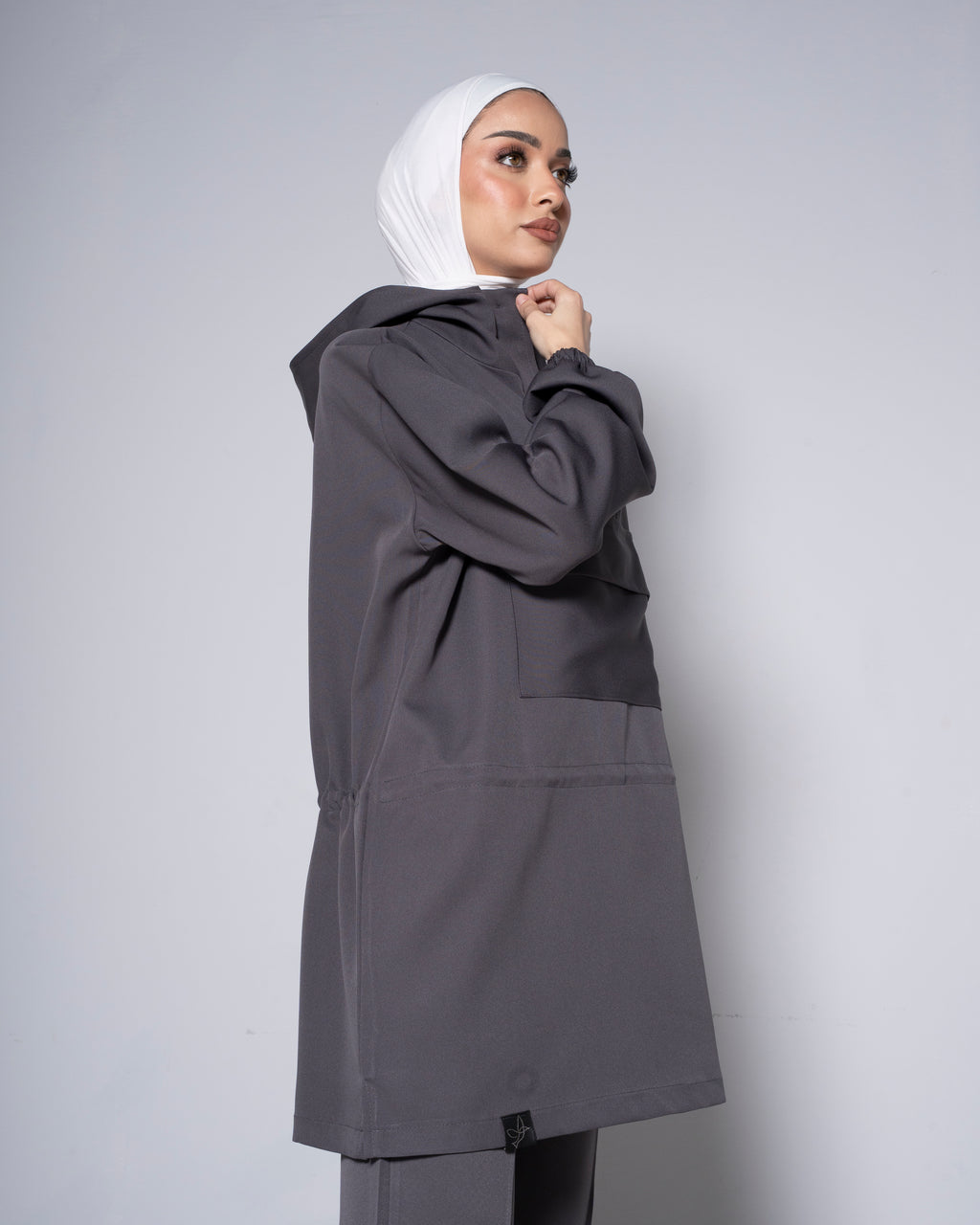 Gray Half-Zip Short Hoodie with Cinched Waist