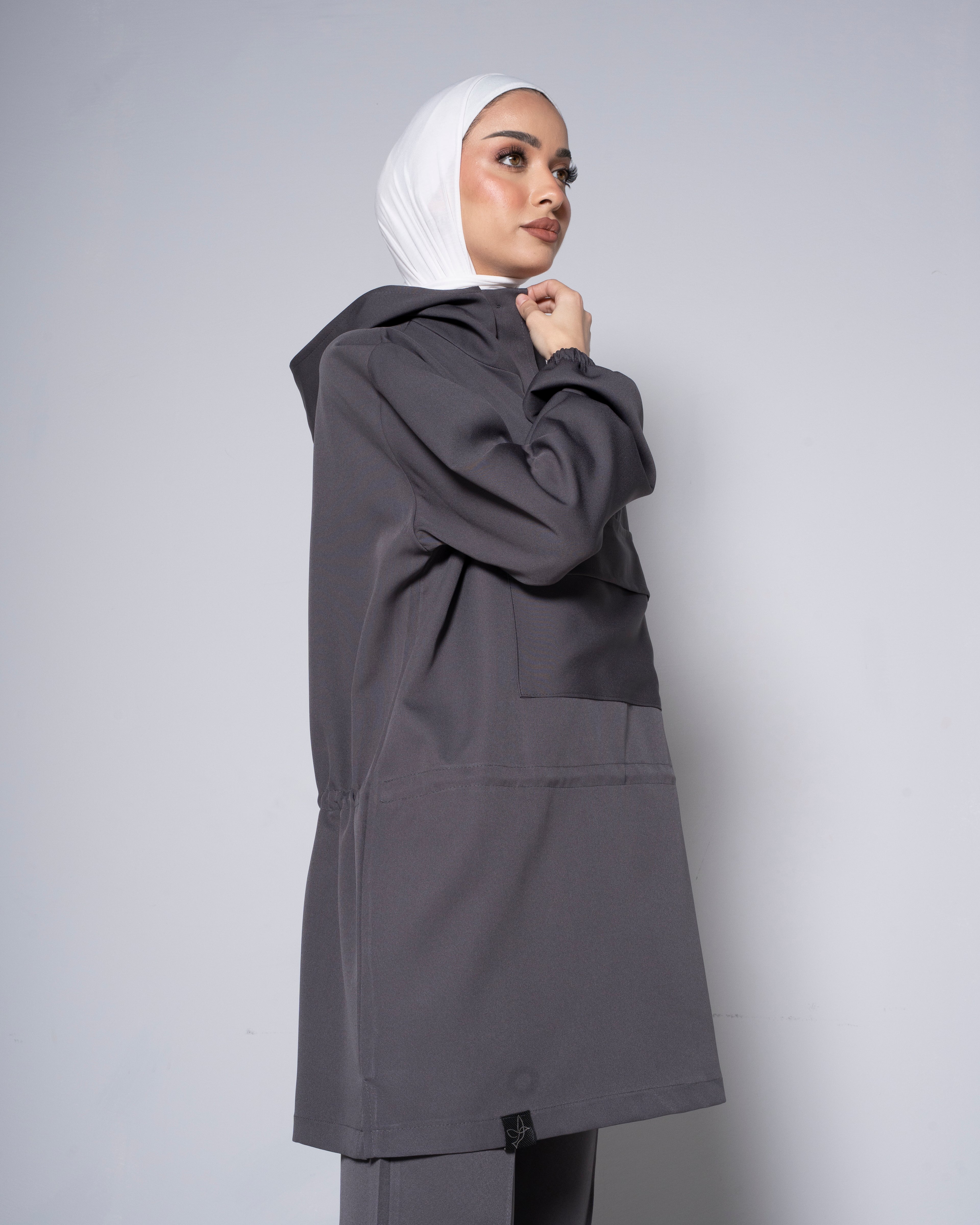 Gray Half-Zip Short Hoodie with Cinched Waist