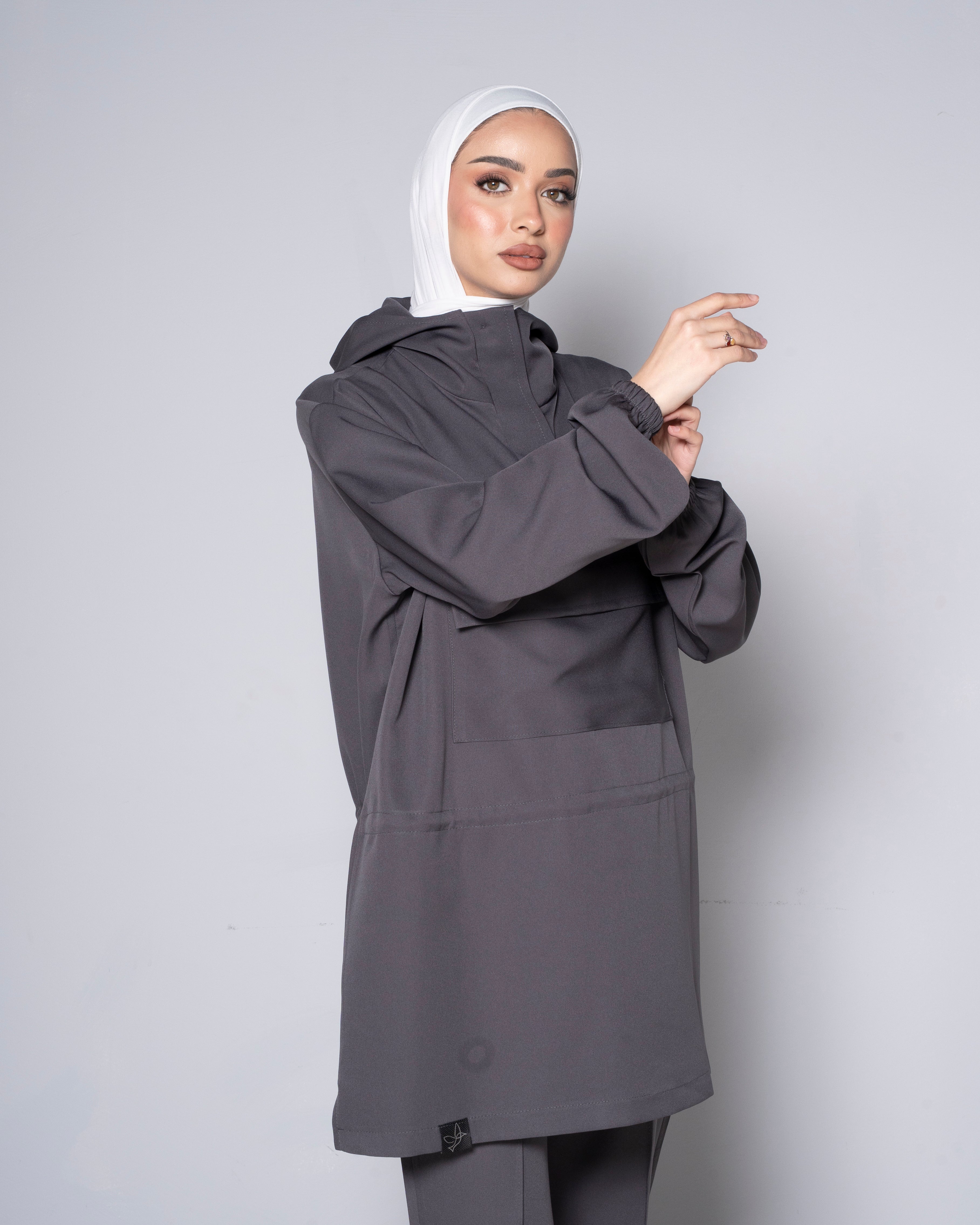 Gray Half-Zip Short Hoodie with Cinched Waist