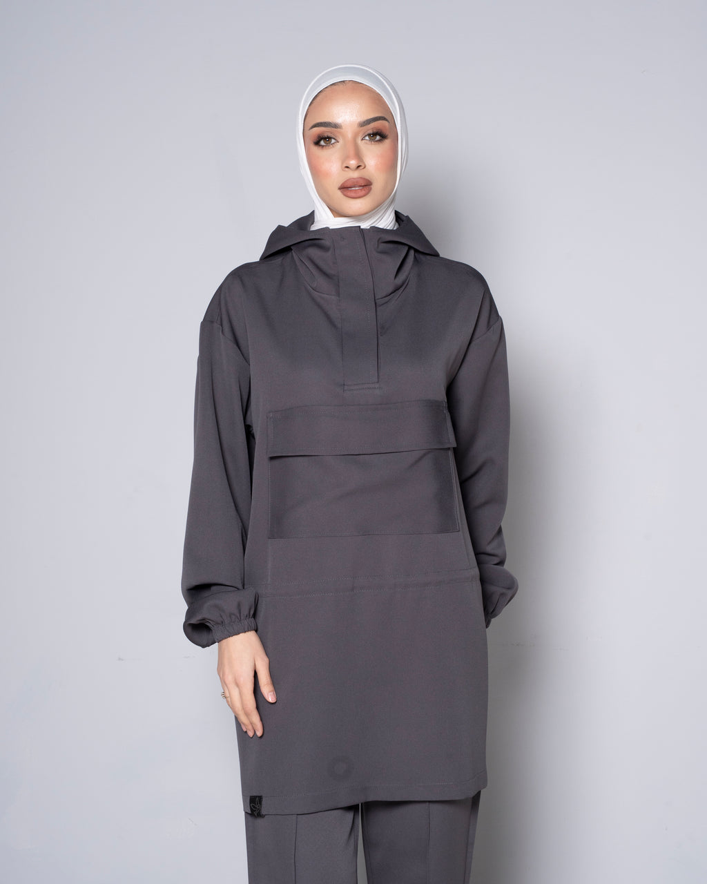 Gray Half-Zip Short Hoodie with Cinched Waist