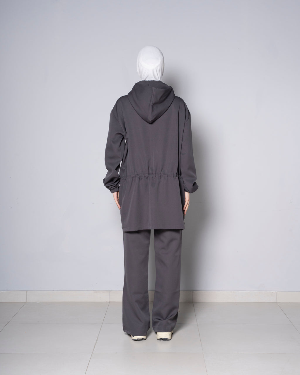 Gray Half-Zip Short Hoodie with Cinched Waist