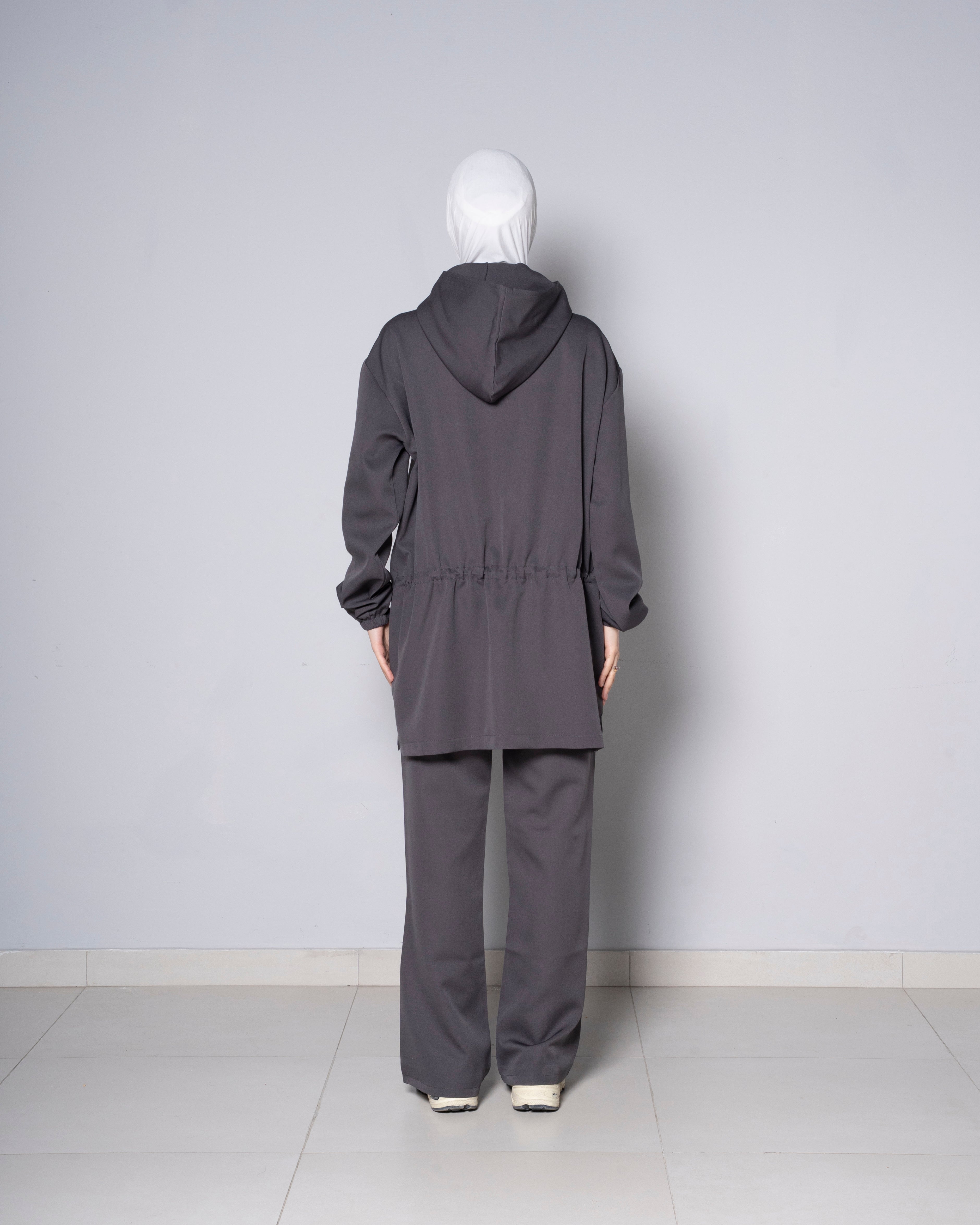 Gray Half-Zip Short Hoodie with Cinched Waist