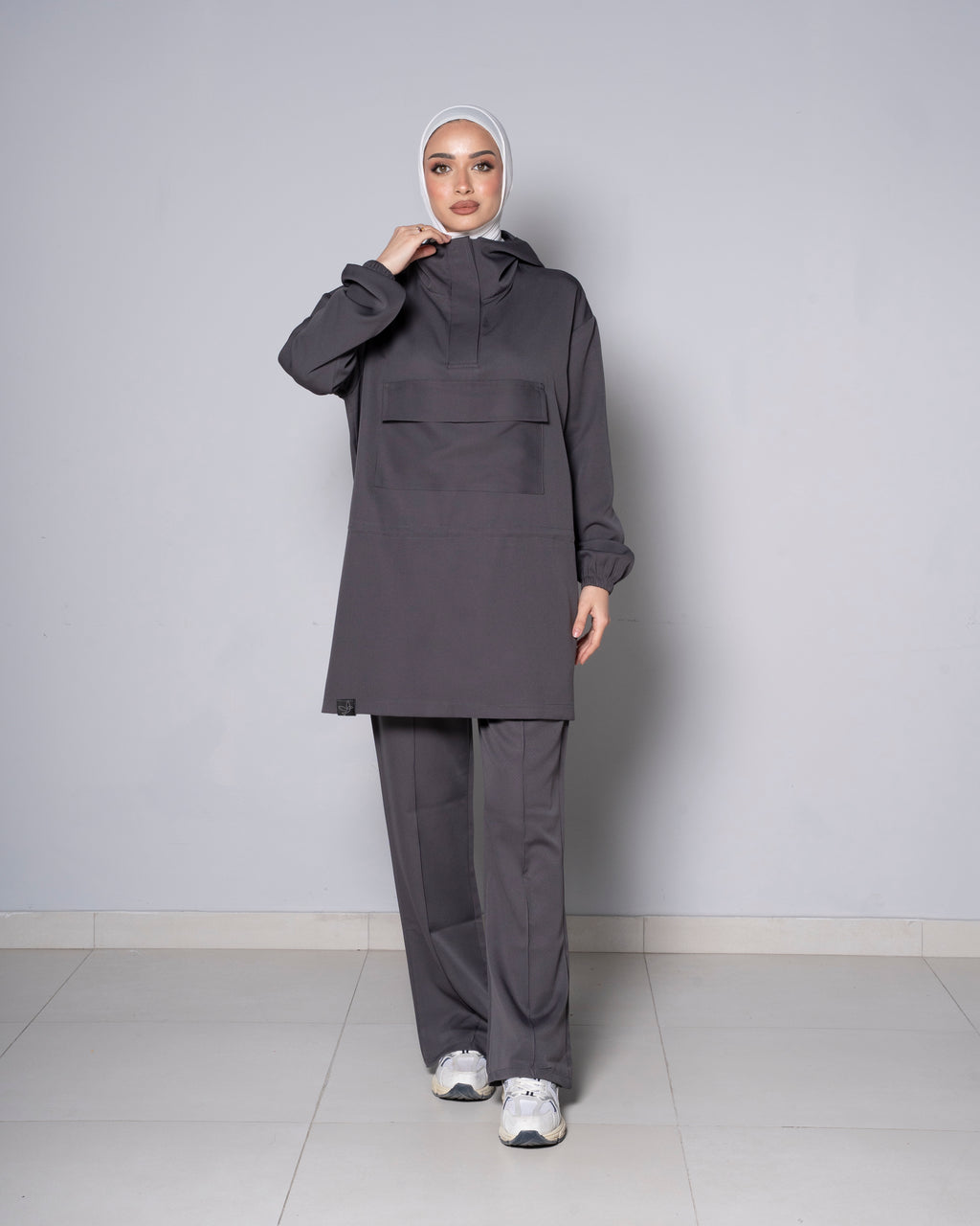 Gray Half-Zip Short Hoodie with Gray Pants