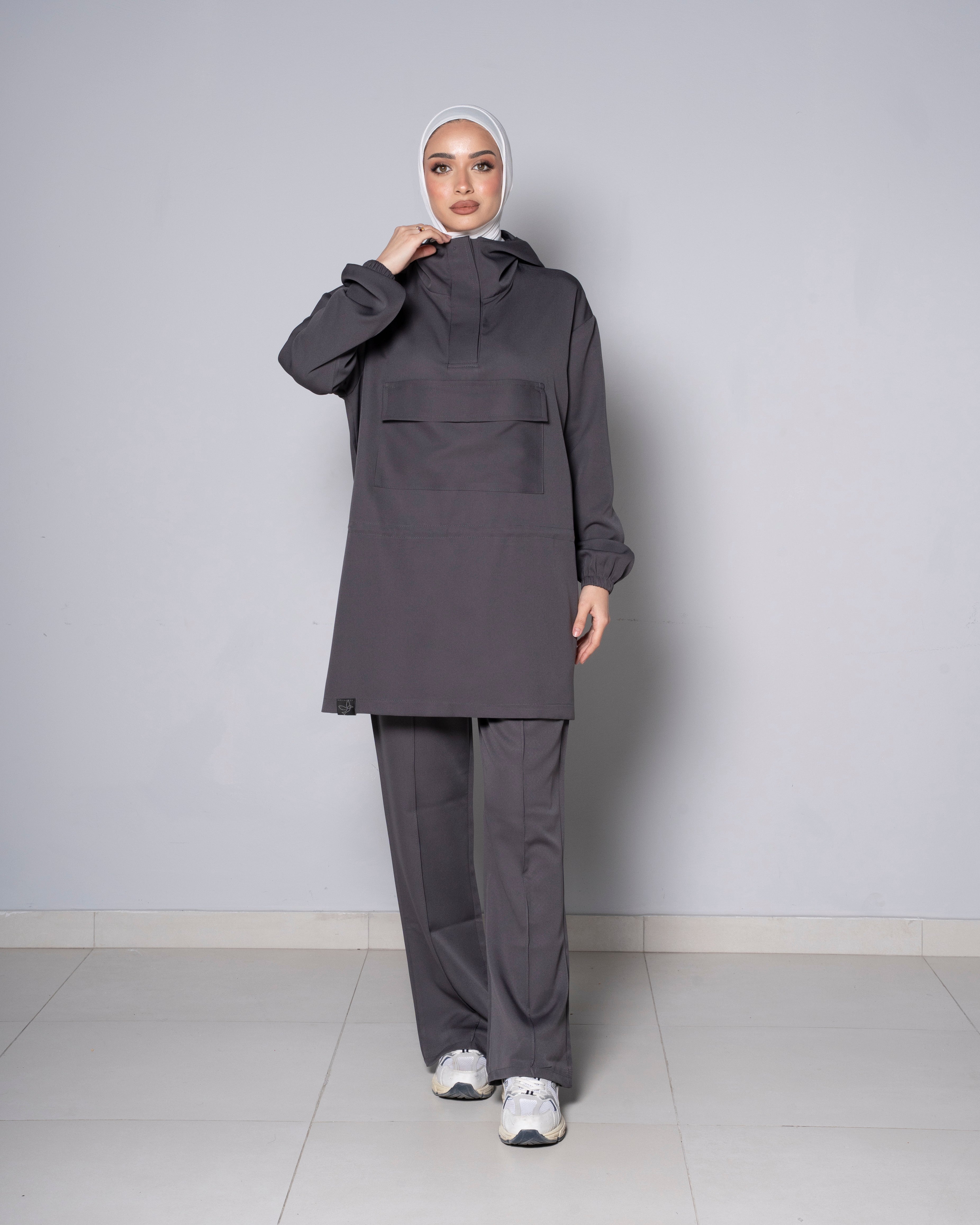 Gray Half-Zip Short Hoodie with Gray Pants