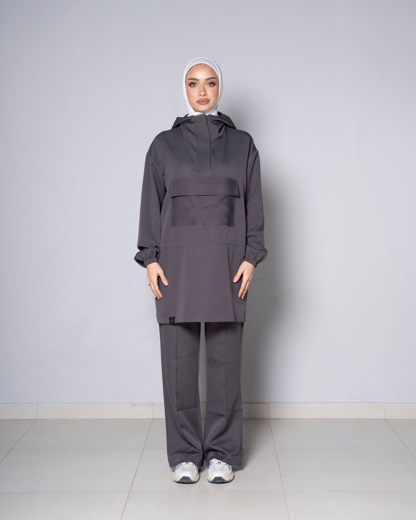 Gray Half-Zip Short Hoodie with Gray Pants