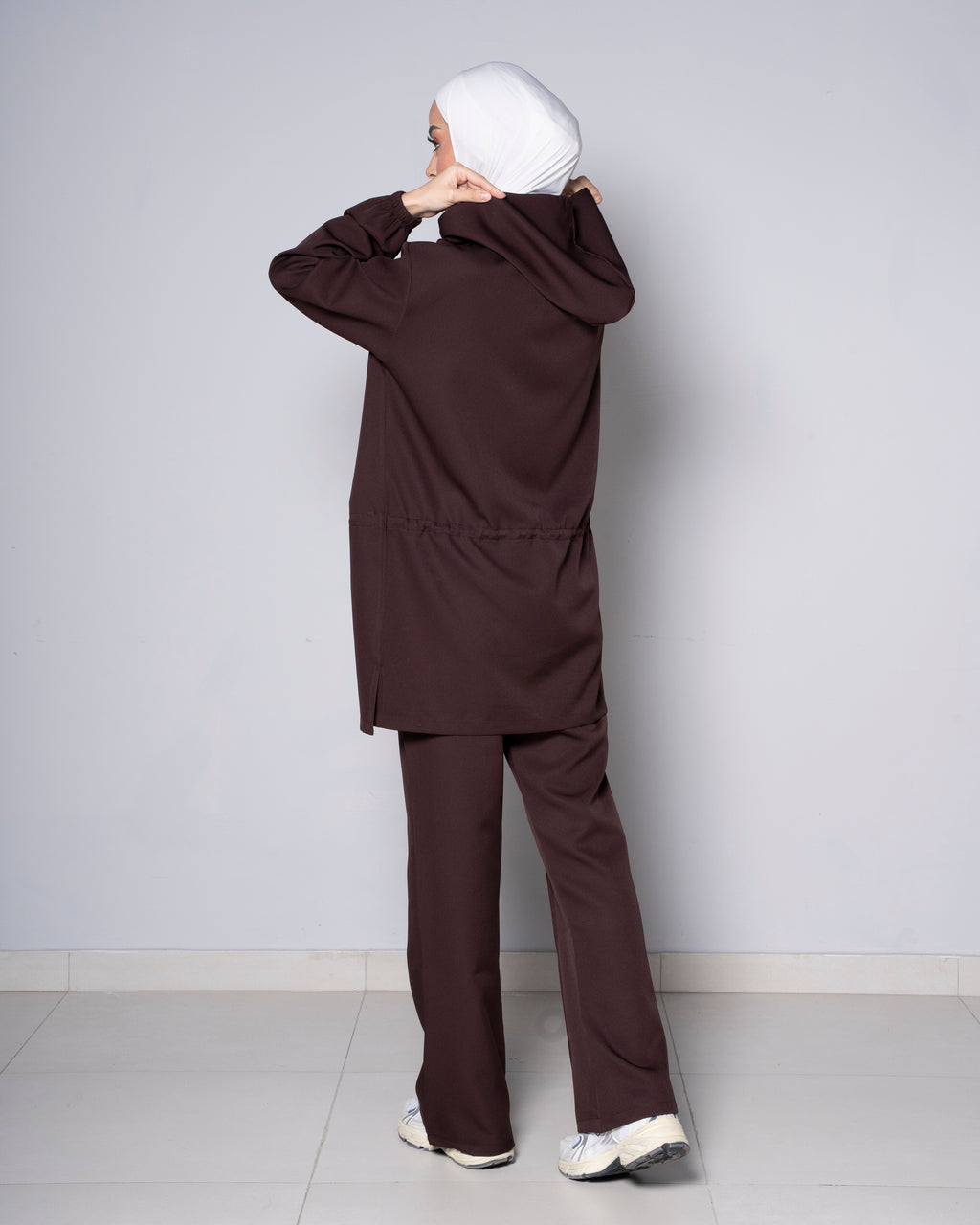 Brown Half-Zip Short Hoodie with Cinched Waist