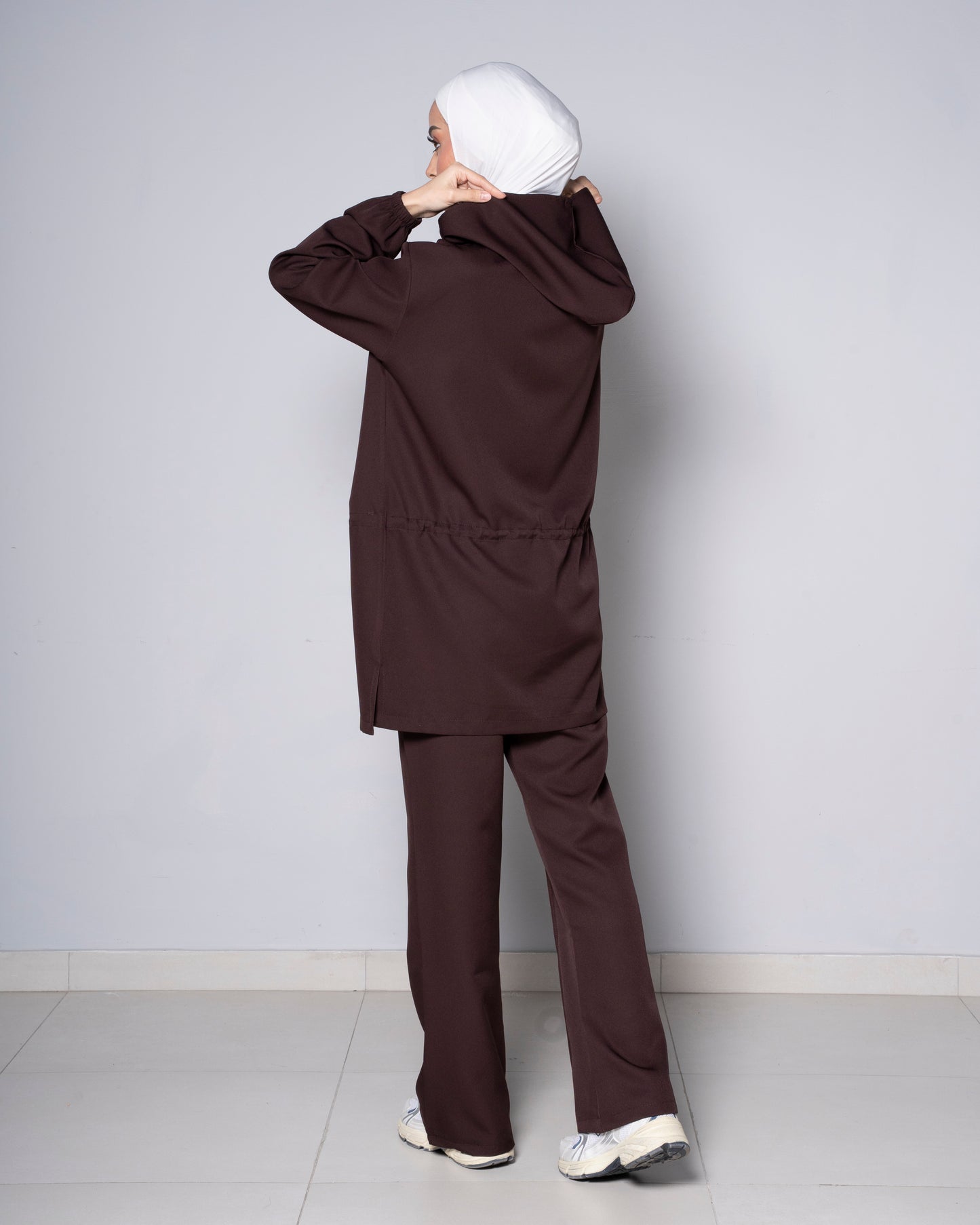 Brown Half-Zip Short Hoodie with Brown Pants