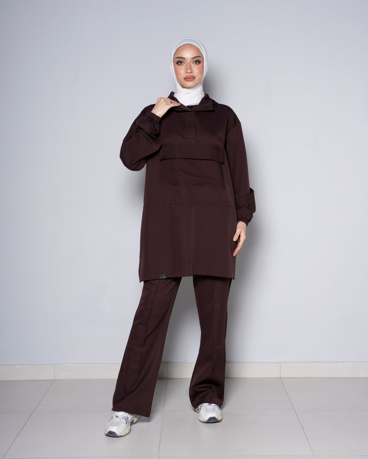 Brown Half-Zip Short Hoodie with Brown Pants