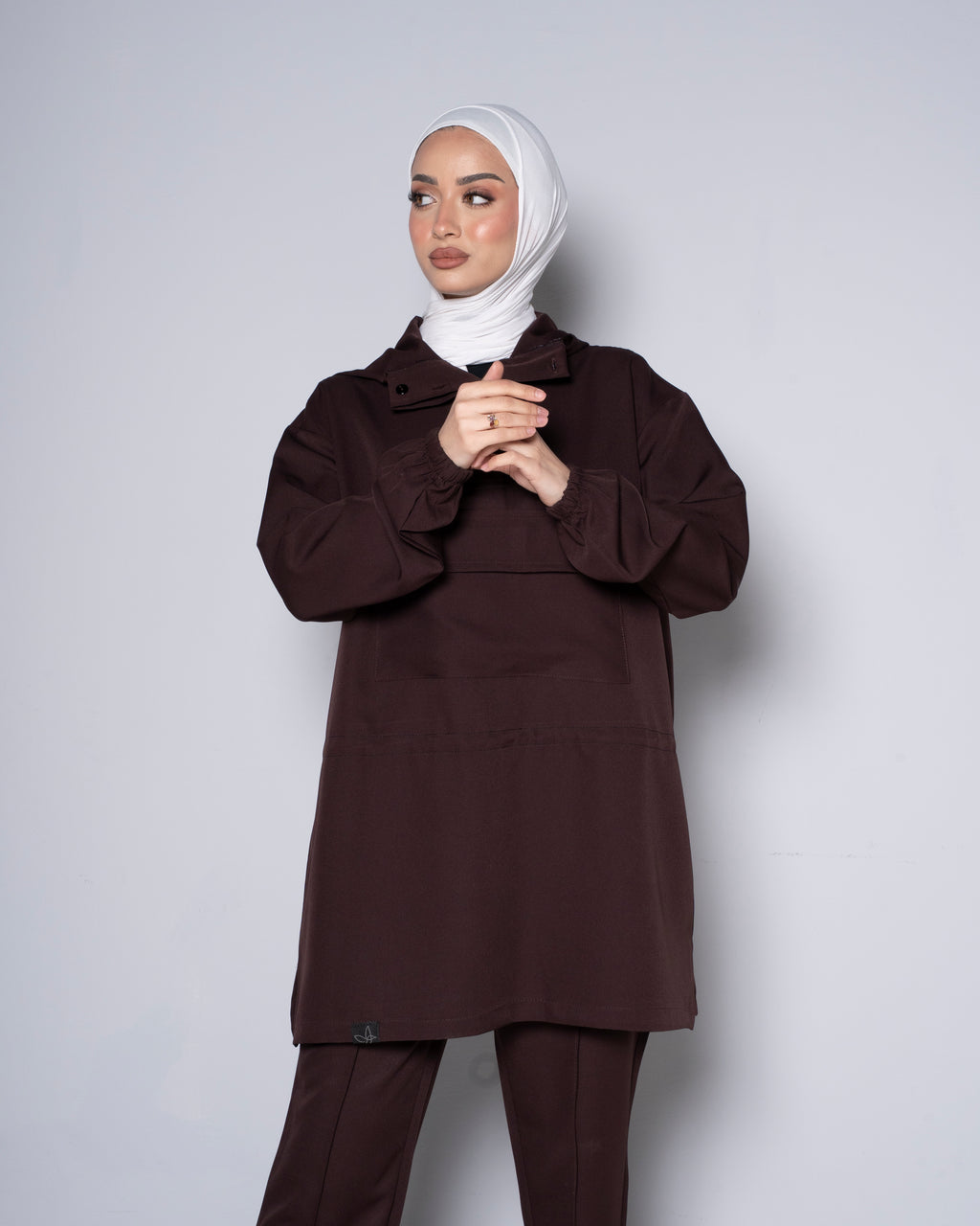 Brown Half-Zip Short Hoodie with Cinched Waist