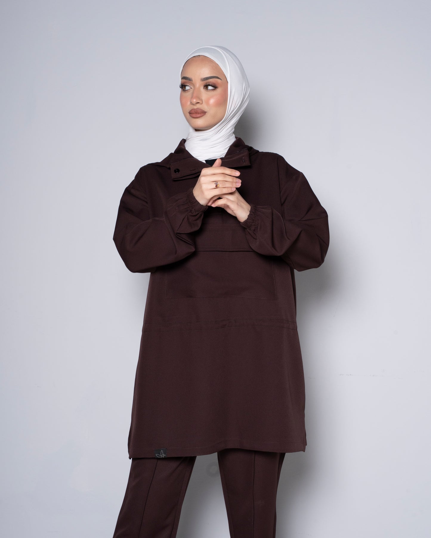 Brown Half-Zip Short Hoodie with Cinched Waist