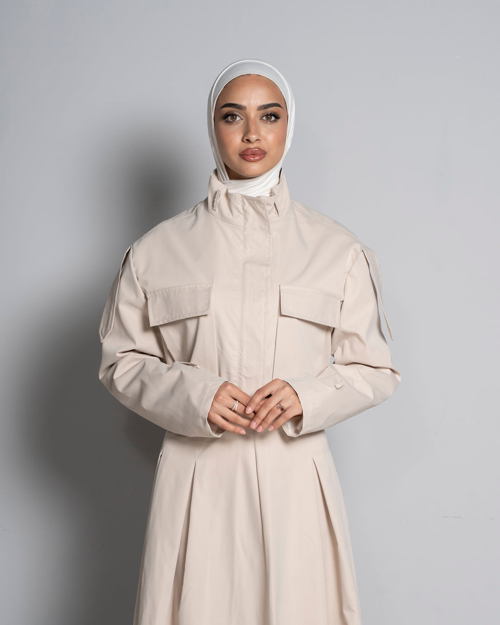 Beige Cropped Jacket Paired with Matching Skirt