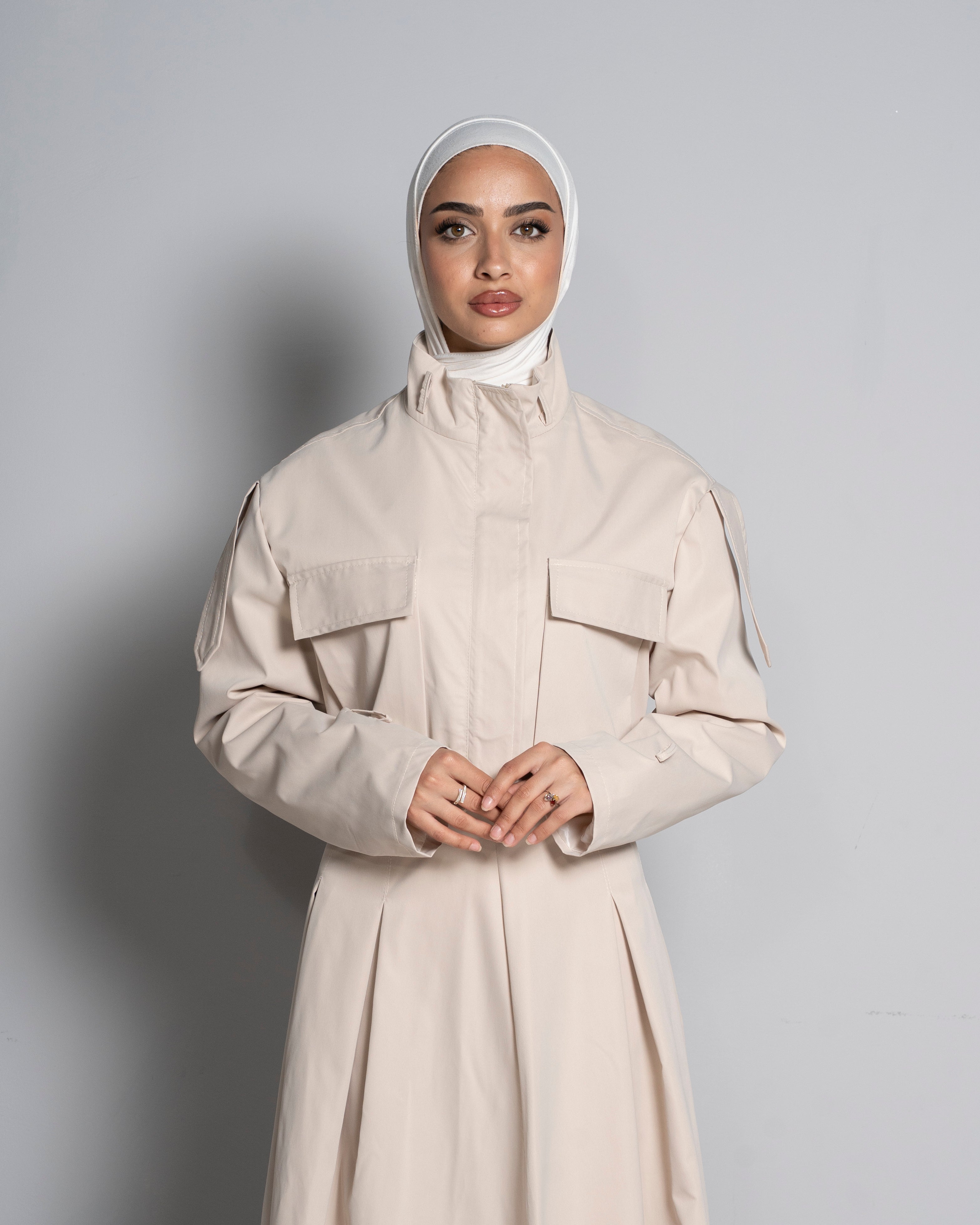 Beige Cropped Jacket Paired with Matching Skirt