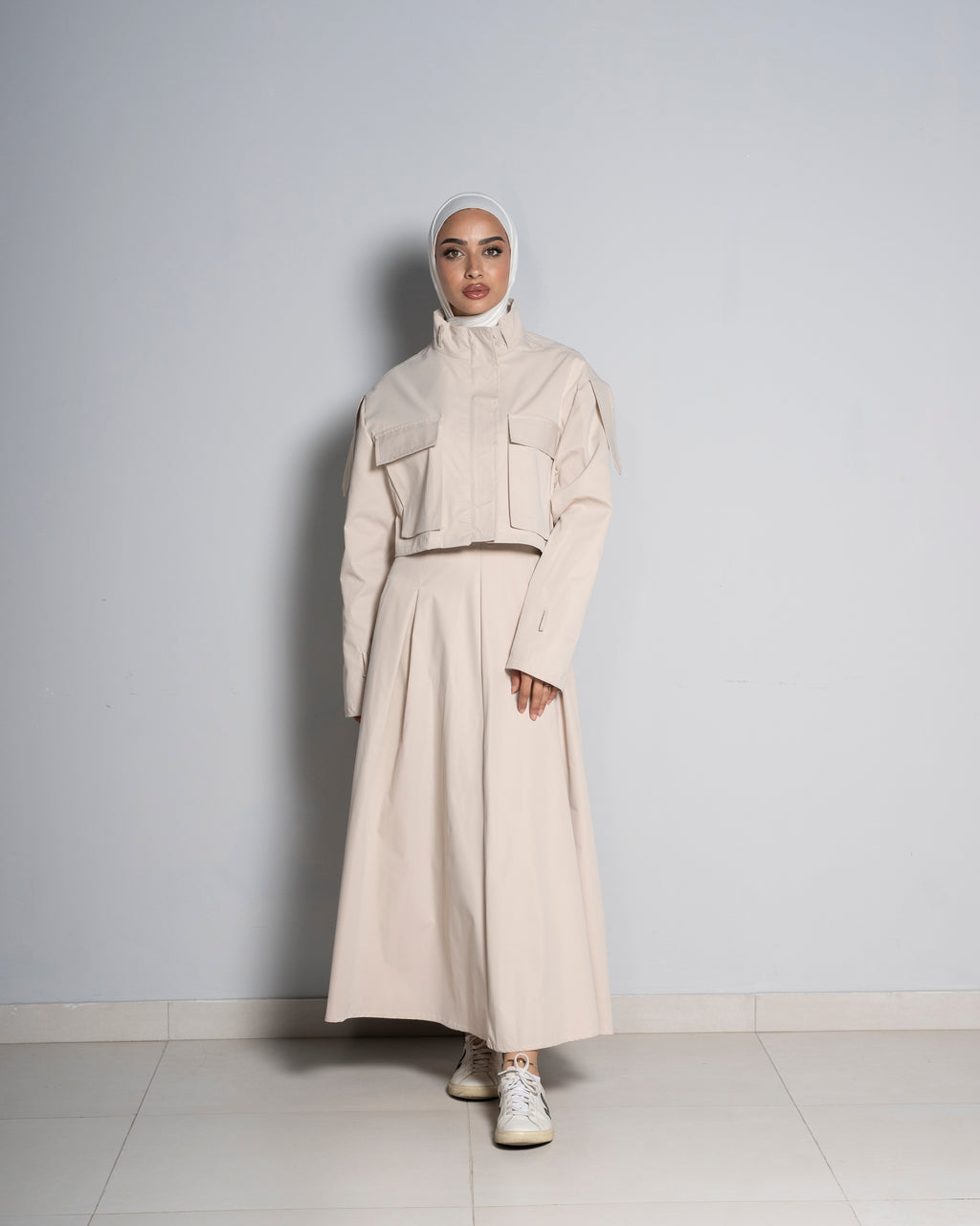 Beige Cropped Jacket Paired with Matching Skirt