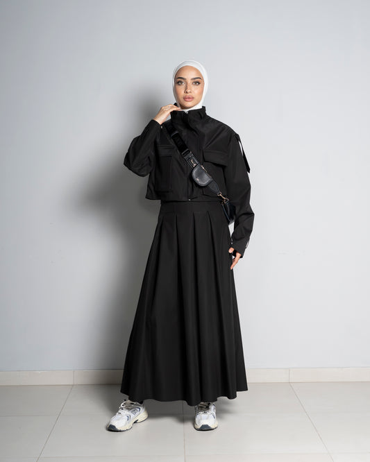 Black Cropped Jacket Paired with Matching Skirt